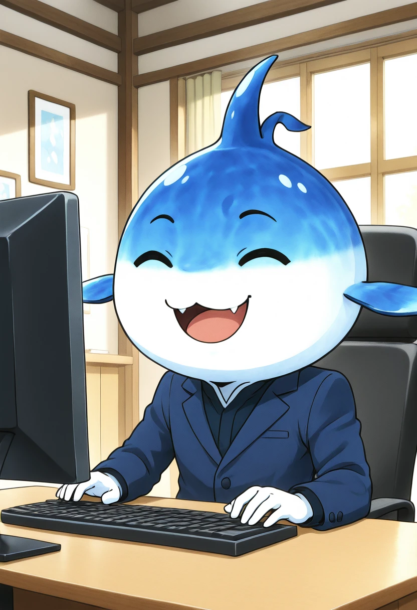 masterpiece, best quality, solo, zzAnchorage, <lora:AnchorageIkariPokedex_IXL:1.0>, ,smile, open mouth, upper body, :3, window, chair, facing viewer, desk, computer, monitor, on chair, keyboard (computer), office , <lora:CitronLegacy_IXL:1.0>,