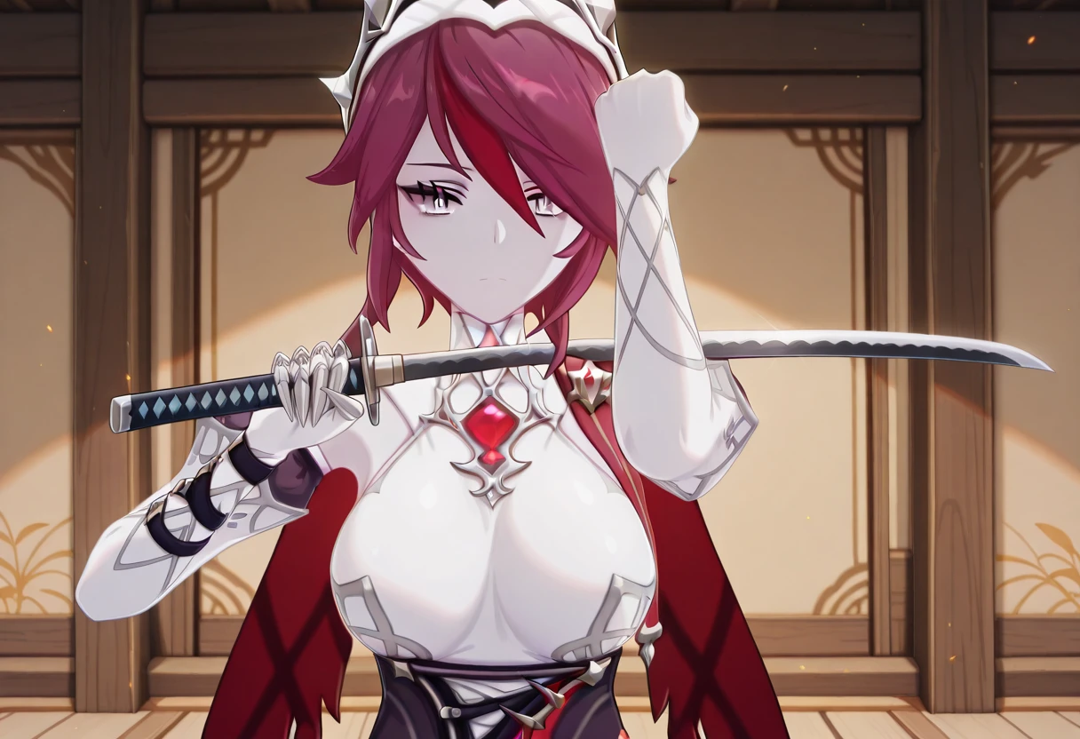 masterpiece, best quality, amazing quality,, <lora:genshin-rosaria-ingame-illustriousxl-lora-nochekaiser:1>, rosaria, rosaria (genshin impact), short hair, bangs, hair between eyes, purple hair, red hair, multicolored hair, hair over one eye, streaked hair, pale skin, white pupils, mature female, , 3d,, <lora:jin-sakai-sword-cleaning-illustriousxl-lora-nochekaiser:1>, jin sakai sword cleaning, solo, looking at viewer, holding, upper body, weapon, sword, holding weapon, holding sword, katana, arm up, hand up, straight-on, clenched fist,, , ,