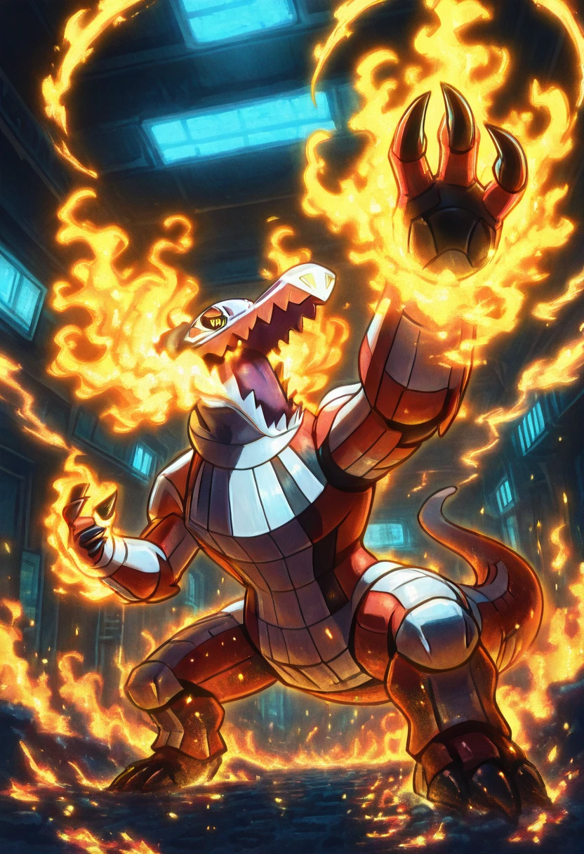 masterpiece, best quality, solo,    zzSkeledirge, open mouth, standing, full body, yellow eyes, fire, claws, colored sclera, yellow sclera, embers,  <lora:SkeledirgePokedex_IXL:1.0>,      1girl, solo, neon-highlighted bob, gravity-defying braid, armored exosuit, plasma claw gauntlets, kinetic boots, derelict starship interior, blue emergency lights. claws aimed at the approaching shape. AdFF, mecha, (foreshortening, incoming attack, big claw), (shiny metal)   <lora:AudioFileFuture_IXL_v1:1.0>, foreshortening,