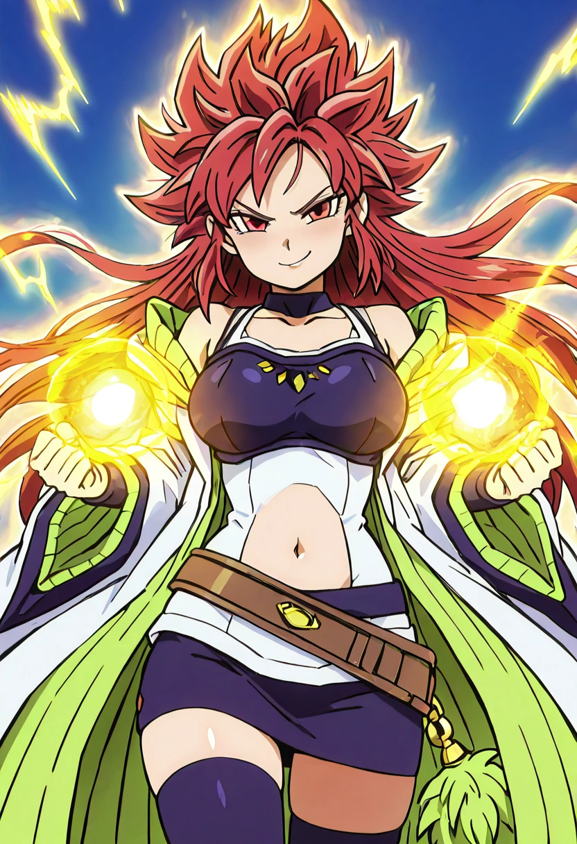 masterpiece, best quality, solo, curvy, beautiful eyes, narrow waist, wide hips, 1girl, solo, smile, looking at viewer, aged up, large breasts, zzHiita, red eyes, red hair, long hair, white shirt, open clothes, spaghetti strap, navel, thighhighs, wide sleeves, black skirt, belt, <lora:HiitaYugioh_IXL:1.0>, ,vivid aura, looking at viewer, blue background, smug, aura, super saiyan, charging energy, energy ball, energy, lightning, <lora:DBSBroly_Style_IXL_v2:0.6>,