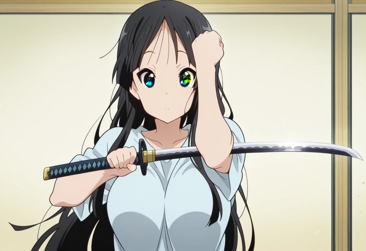 masterpiece, best quality, amazing quality,, <lora:mio-akiyama-s2-illustriousxl-lora-nochekaiser:1>, mio akiyama, akiyama mio, long hair, bangs, black hair, black eyes, hime cut, mature female, medium breasts, anime screencap, <lora:jin-sakai-sword-cleaning-illustriousxl-lora-nochekaiser:1>, jin sakai sword cleaning, solo, looking at viewer, holding, upper body, weapon, sword, holding weapon, holding sword, katana, arm up, hand up, straight-on, clenched fist,, , ,