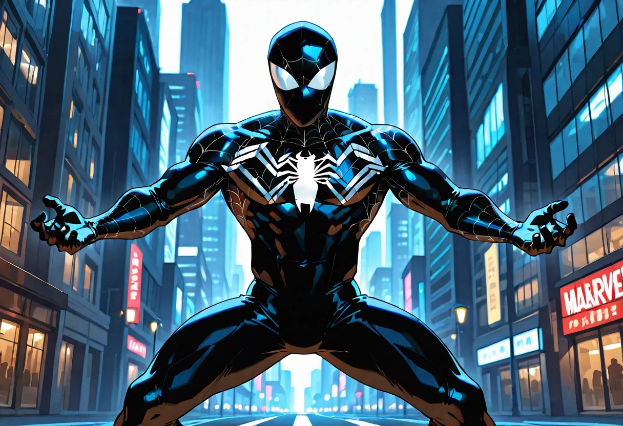 Spectacularsymb_spider/(marvel)IL, , blacksuit, mask, spiderprint, muscular, 1boy, solo, muscular,
front view, superhero pose,
masterpiece, best quality, amazing quality, very aesthetic, highres, absurdres
night, city,
4k, best quality, highly detailed, lights details, high resolution, high quality, perfect quality, vivid color, vibrant, highly detailed,