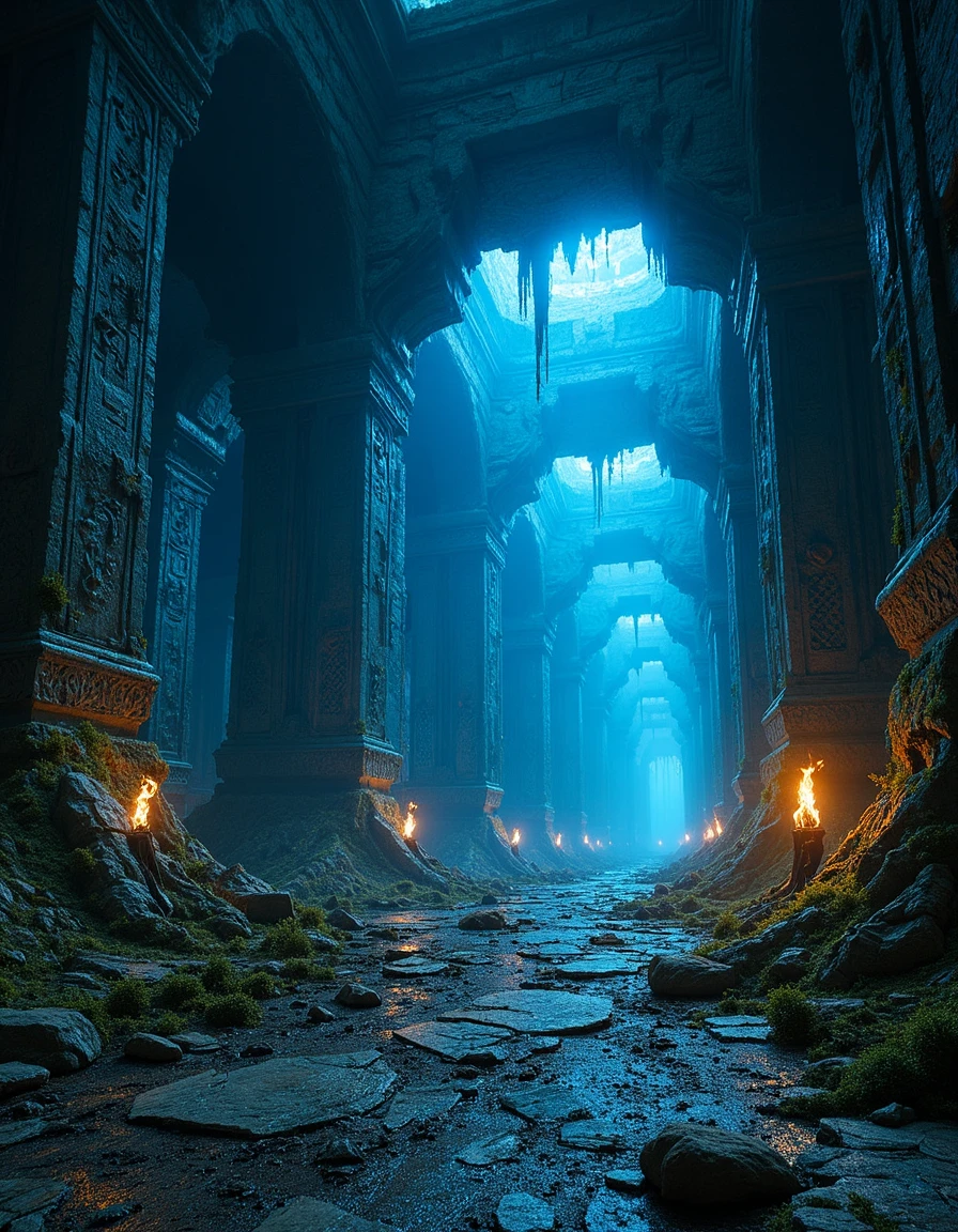 <lora:MW_Dwarven_p1flux:1> MWD01D, crumbled ground, lost forgotten ambiance, E07, black, very dark, low angle view, futurist, dusty, uneven rock ceiling, faint blue light seeping from blue fire torches, slipery pathway along an endless foggy precipice, insanely detailed, carved brutal columns with ancient symbols and dwarven ornaments, very wet, humid, moss hanging, dead vegetation, roots,