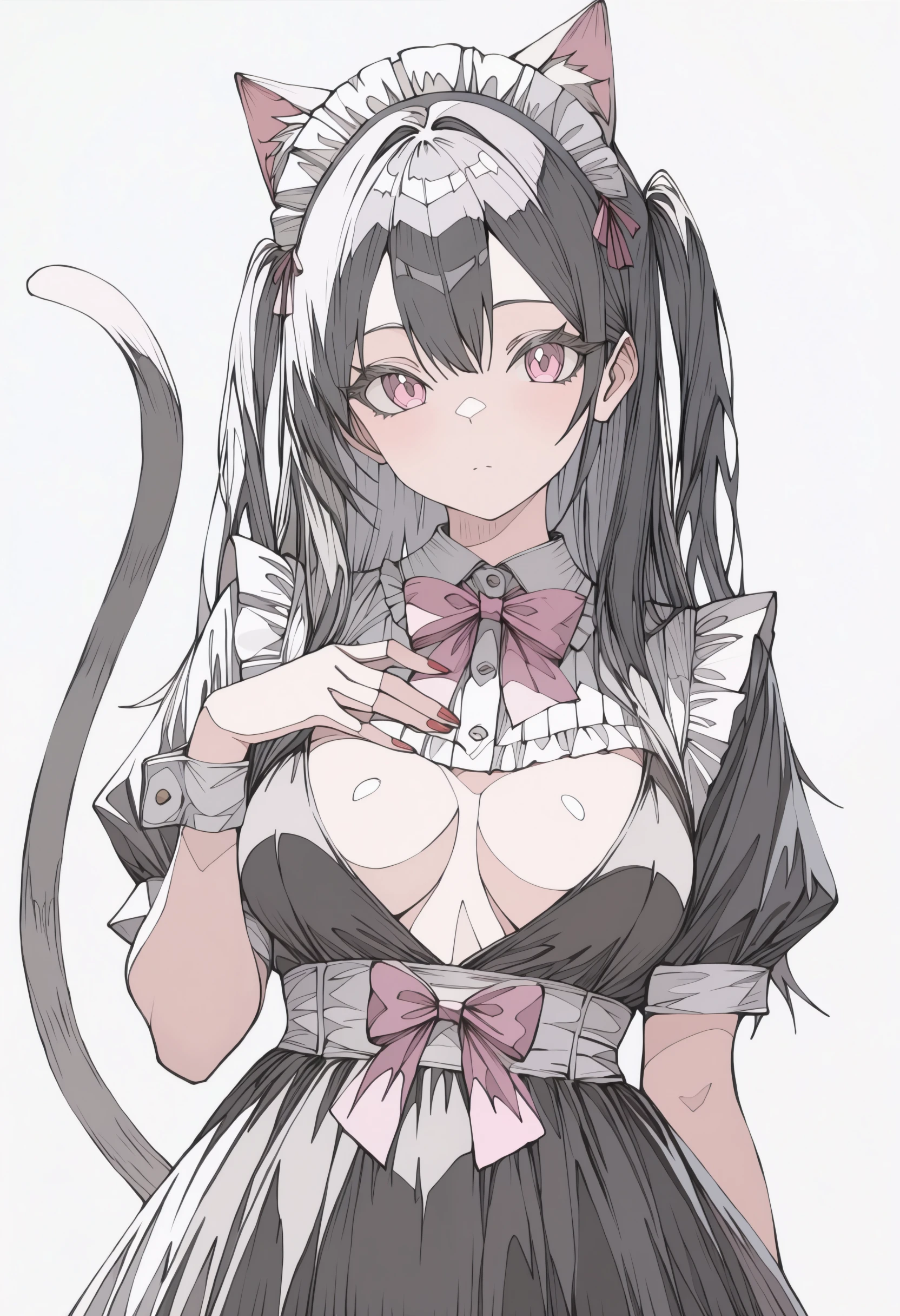 <lora:haruxxxsanekaki-illustriousXL_v01_V3-CAME-000032>, 1girl, solo, ligne claire, dress bow, straight hair, two side up, short sleeves, skirt, white wrist cuffs, puffy sleeves, straight-on, hair between eyes, wrist cuffs, bow, frilled shirt collar, frills, black dress, shirt, pink bowtie, maid headdress, long eyelashes, hand on own chest, breasts, hair over shoulder, cat ears, breasts apart, medium breasts, tail raised, puffy short sleeves, tail, eyelashes, dress, black skirt, upper body, long hair, center frills, petticoat, looking at viewer, red nails, bowtie, grey background, long bangs, pink eyes, collared shirt, cat tail, fingernails, black hair,