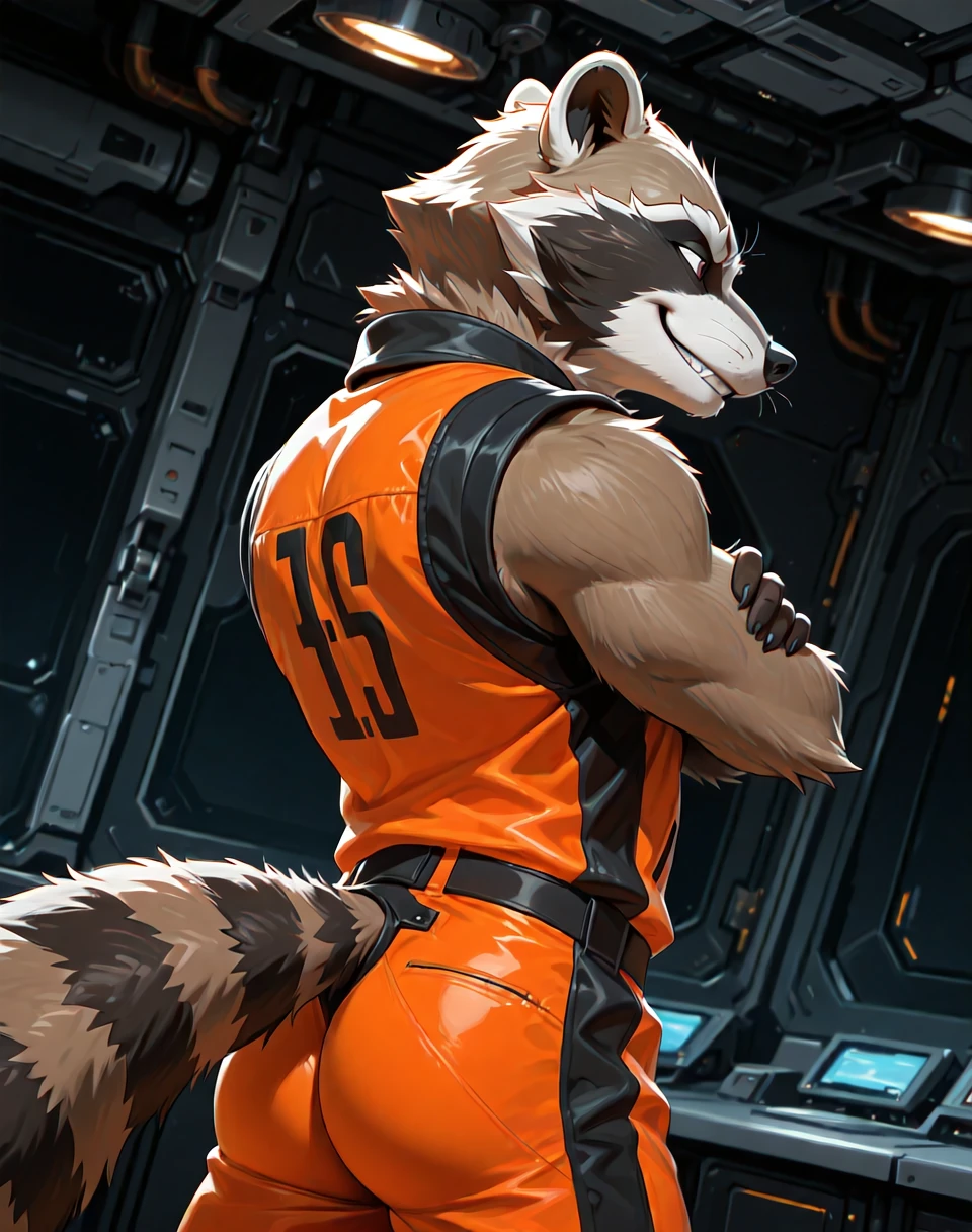 BREAK: very awe, aesthetically pleasing, masterpiece, best quality, absurd details, in'ei, natural shading, soft shading, flat color shading,
<lora:RocketRaccoonOrange_(Marvel_Comics)_(Illustrious)_(AD):1> RocketRaccoonOrange, muscular, orange,
exterior, spaceport, simple anime background, simple ceiling, dark background,
BREAK:
dutch angle, solo, ((dynamic action, dynamic expression, ):1.15), standing, cowboy shot, (( back view, , arms crossed, ):1.25),
((
no humans, male focus, soft glow, raccoon anthro, orange outfit, smirk, (( )),
male physique, strongman , perfect proportions,
)),
BREAK: lazypos (4),