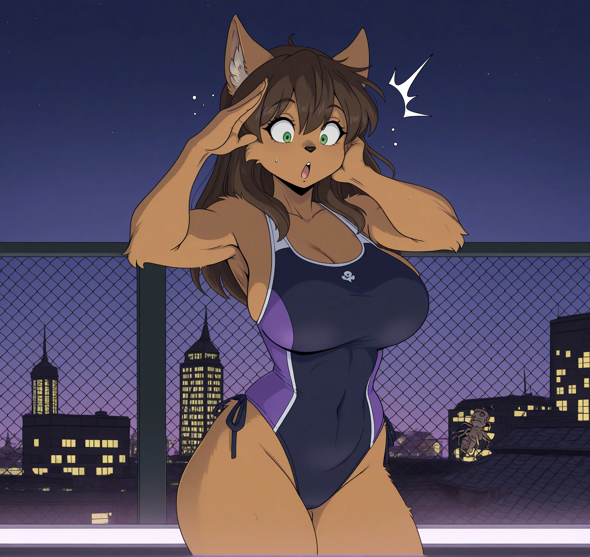 <lora:Yawg_Style_Illustrious:0.8> yawg, masterpiece, best quality, 2024, 2023, hi res, spider, BREAK, in a natural history museum, clothing, clothed, swimsuit, standing, adjusting clothing, detailed background BREAK at a rooftop bar, bust portrait, surprised, sudden motion, gasping, hand to face, salute