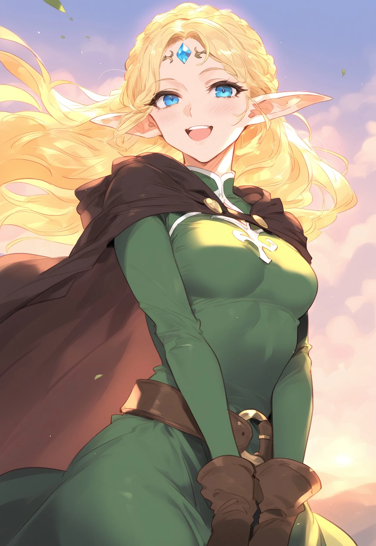 wwwlover, masterpiece,best quality,amazing quality,1girl, elf, blonde hair, long hair, blue eyes, smiling, open mouth, pointy ears, green dress, belt, gloves, cape, jewel on forehead, wind, floating hair, sky background, clouds, sunlight, dynamic pose, fantasy setting, cartoon style, flat shading, simple colors, minimal detail