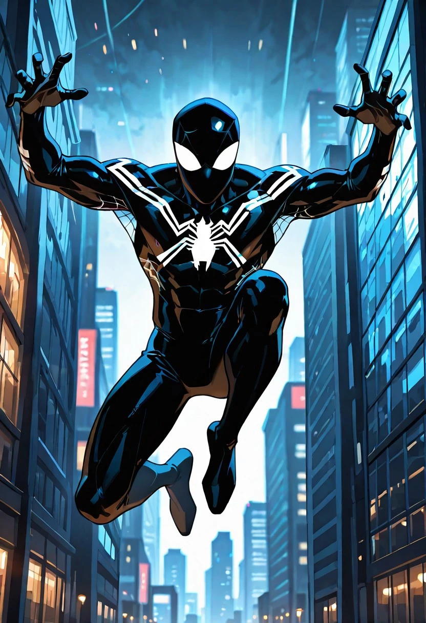 Spectacularsymb_spider/(marvel)IL, , blacksuit, mask, spiderprint, muscular, 1boy, solo, muscular,
front view, superhero pose, jumping,
masterpiece, best quality, amazing quality, very aesthetic, highres, absurdres
night, city,
4k, best quality, highly detailed, lights details, high resolution, high quality, perfect quality, vivid color, vibrant, highly detailed,