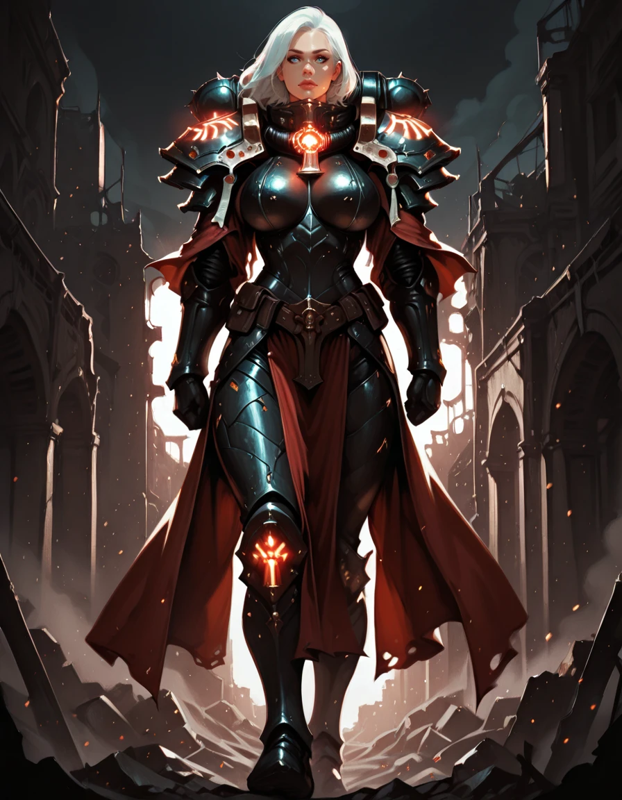 masterpiece, best quality, 1girl, solo, absurdres,
large breasts,
sobattledg, white hair,
armor, shoulder armor, pelvic curtain, tabard, power armor,
straight-on, standing confidently, one foot forward, opponent assessing, dramatic framing, ,
ruins, science fiction, cityscape, fog, night,
glowing, light particles, blurry background,
embedding:SmoothQuality,