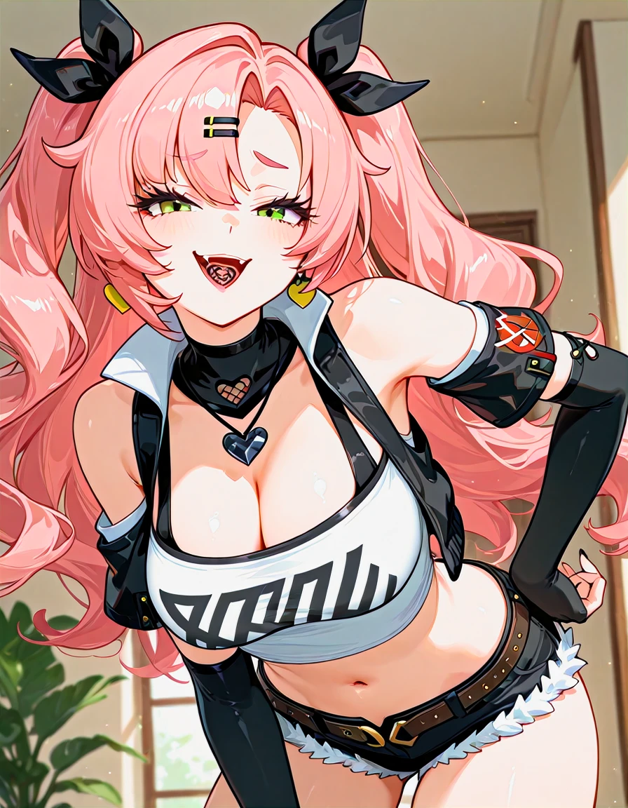 masterpiece, best quality, anime coloring, contrapposto, <lora:LECO_BadHands:1.2>, <lora:eyelashext_v10:0.6>,<lora:thick_eyelashes_nai_style_V2_dim32:0.5>, thick eyelashes, lipgloss, [photo background::0.5], blurry foreground BREAK 1girl, nicole demara, tank top, crop top, cleavage, short shorts, elbow gloves, smile, open mouth, tongue, upper body, navel, leaning forward, smirk, <lora:yukikaze_nano_machine-05:1>