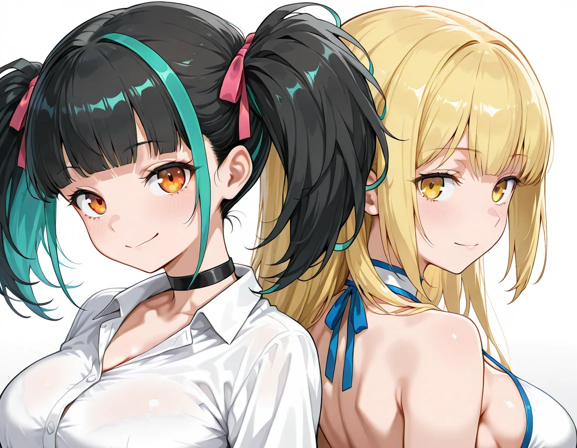 <lora:PadMenoa_SDXL_Illustrious01_fp16_ver03:1>,PadMenoaSchool,(general),2girls,multicolored hair,black hair, green streaked hair,blunt bangs,twintails, hair ribbon, orange eyes,black choker,pink ribbon,white shirt
<lora:AizIllustriousDuck:1>,1girl, aiz_ducklabz_lora, dungeon ni deai wo motomeru no wa machigatteiru darou ka, aiz wallenstein, blonde hair, yellow eyes, long hair, white dress, backless dress
masterpiece, best quality, very aesthetic, absurdres,smile,back-to-back, upper body, looking at viewer,