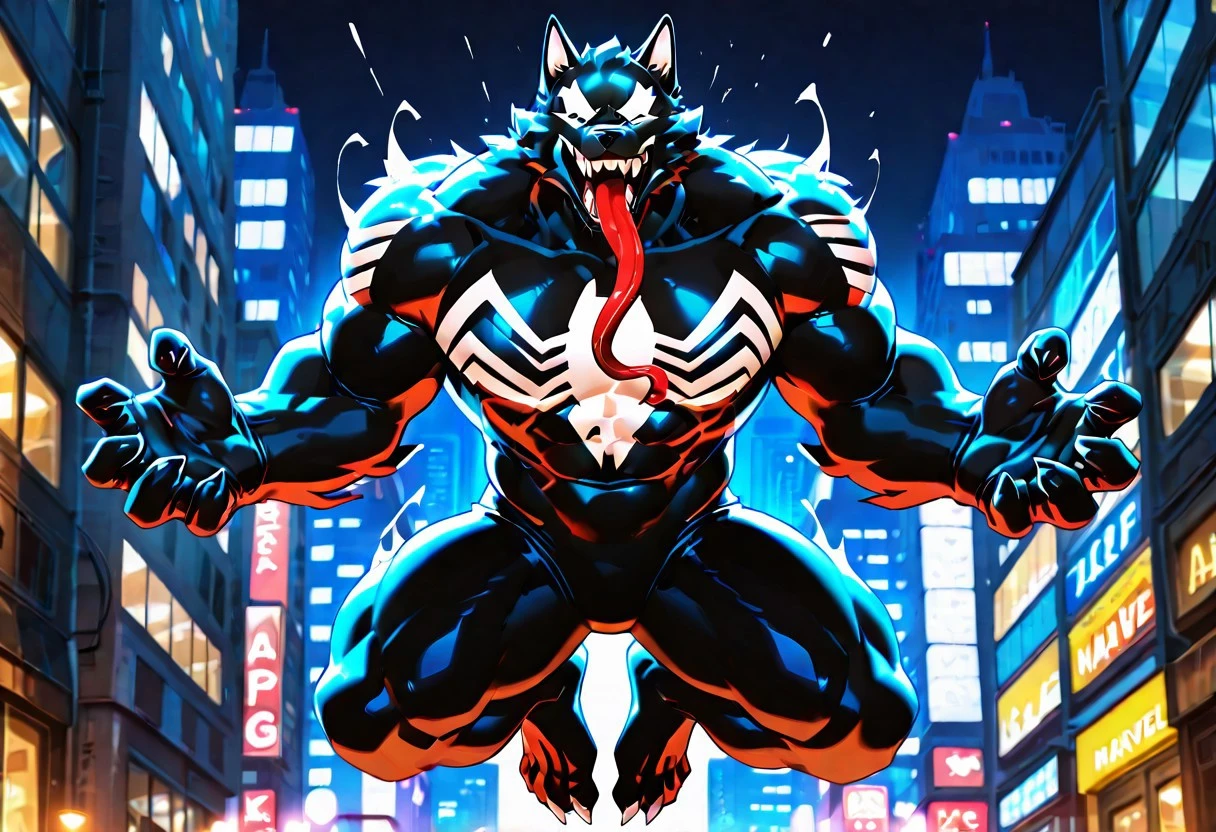 ultimatevenom/(marvel)/IL, bodysuit, blacksuit, mouth, spiderprint, muscular, 1boy, solo, sharp teeth, monsterboy, long tongue,
ArgoIL, solo, male, anthro, wolf, muscular, bara, claws, paws.
front view, superhero pose, jumping,
masterpiece, best quality, amazing quality, very aesthetic, highres, absurdres
night, city,
4k, best quality, highly detailed, lights details, high resolution, high quality, perfect quality, vivid color, vibrant, highly detailed,