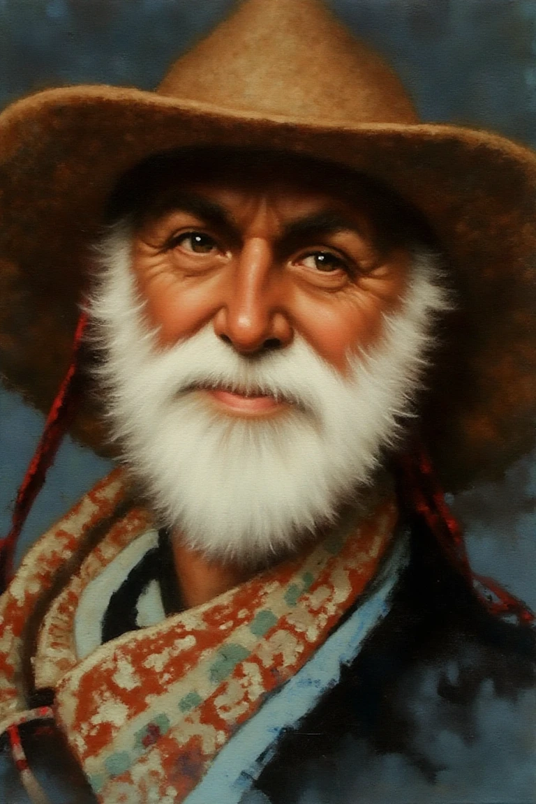 In the style of Michael Dudash, the artwork presents an elderly man with a weathered face, his white beard and mustache softened by the play of light. A broad straw hat frames his expression, while a scarf drapes loosely at his neck. The dark blue backdrop deepens the sense of gravity, and the painterly strokes bring out a quiet, contemplative mood that lingers in the gaze he directs toward the viewer.