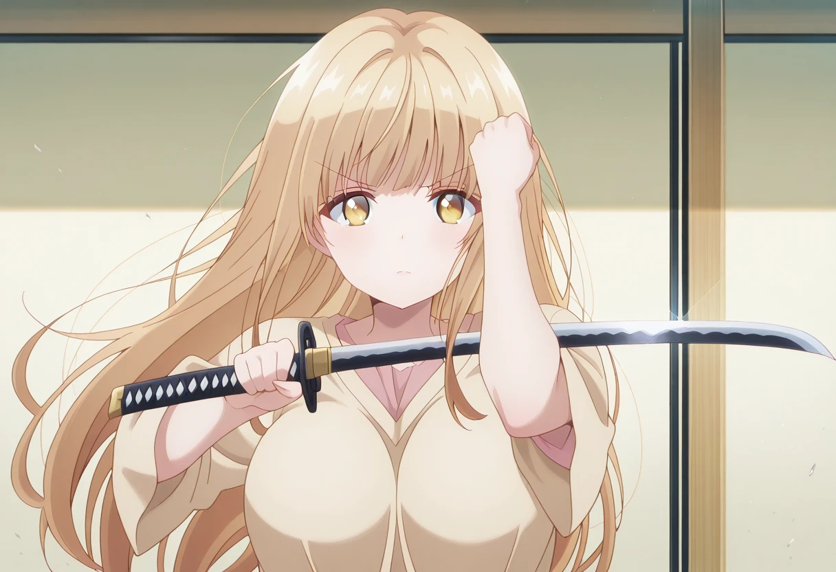 masterpiece, best quality, amazing quality,, <lora:mahiru-shiina-s1-illustriousxl-lora-nochekaiser:1>, mahiru shiina, bangs, blonde hair, brown hair, yellow eyes, long hair, mature female, , anime screencap, <lora:jin-sakai-sword-cleaning-illustriousxl-lora-nochekaiser:1>, jin sakai sword cleaning, solo, looking at viewer, holding, upper body, weapon, sword, holding weapon, holding sword, katana, arm up, hand up, straight-on, clenched fist,, , ,