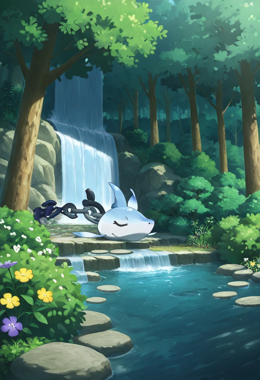 masterpiece, best quality, solo, zzAnchorage, <lora:AnchorageIkariPokedex_IXL:1.0>, , solo, outdoors, purple flower, sleeping, stepping stones, tree, white flower, yellow flower, closed mouth, closed eyes, plant, bush, waterfall, river, forest,