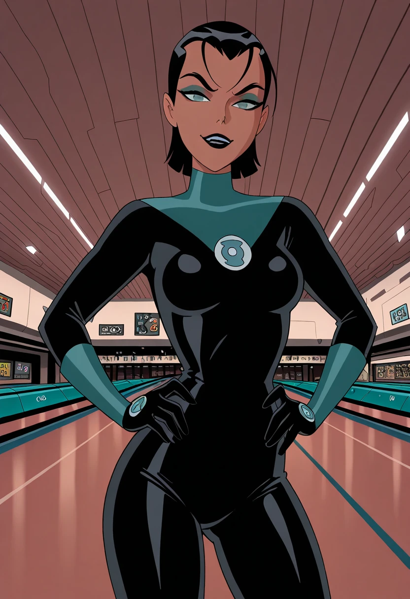 masterpiece, best quality, amazing quality,, <lora:katma-tui-cartoon-illustriousxl-lora-nochekaiser:1>, katma tui, short hair, black hair, dark skin, dark-skinned female, makeup, lipstick, black lips,, gloves, bodysuit,, smug, hands on own hip,, bowling alley, lanes, pins, balls, fun, cowboy shot, solo, looking at viewer,