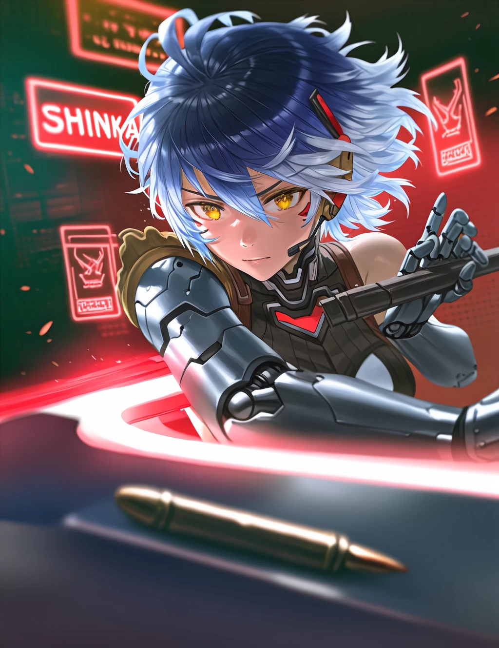 1girl, solo, foreshortening, intense glow, yellow eyes, short hair, silver hair, messy hair, wind flow, mechanical arm, bullet, mechanical headset with red light steak, holding glowing sword, energy, blurry background, blurry foreground, holographic sign, dynamic pose, close-up, medium hair,cyberpunk, upperbody, cleavages, intense athmosphere,backlighting, holographic billboard background,multicolored hair, blue hair, red streak, dappled light, (shinkai makoto:1.7),photorealistic, (quasarcake:0.67), (guweiz:0.7).