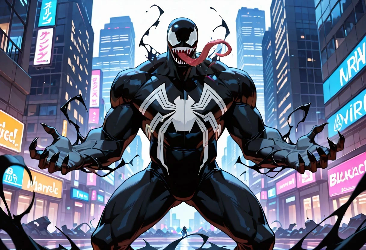 spectacular_venom/(marvel)/IL, , blacksuit, mouth, spiderprint, muscular, 1boy, solo, sharp teeth, monsterboy, long tongue, symbiote,
front view,
masterpiece, best quality, amazing quality, very aesthetic, highres, absurdres
night, city,
4k, best quality, highly detailed, lights details, high resolution, high quality, perfect quality, vivid color, vibrant, highly detailed,
