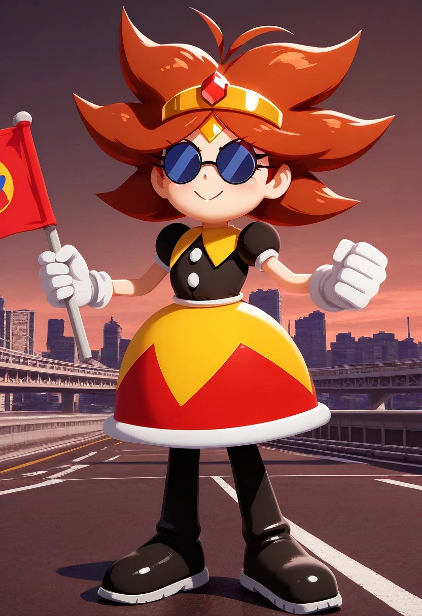 solo female, Eggette, spiky brown hair, dark blue circular sunglasses, cute, yellow tiara with red gem, black shirt, white buttons, big yellow skirt with red at the end, white gloves, black boots, >:), holding flag with Eggman logo, highway, metropolis, dark brown sky, industrial city, (3D, high quality, masterpiece, 4K UHD)