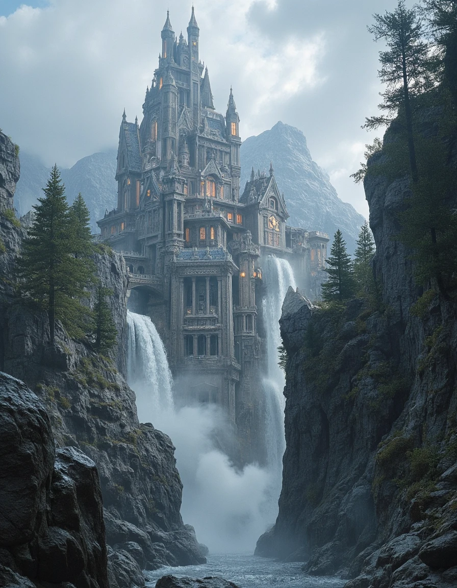 <lora:MW_Dwarven_p1flux:1> MWD01D, masterpiece, absurdres, 8k, insanely detailed, sharp focus, from low angle view, waterfall, cloudscape, white, mountains, bokeh, medieval dwarven detailed carved architecture, darkness, surreal