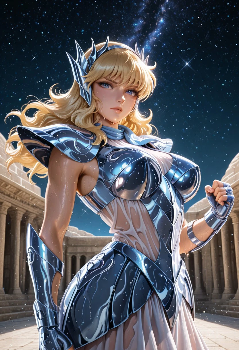 Solo,score_9, score_8_up, score_7_up, , best quality, masterpiece, full color, 1girl, long hair, blonde hair, , big breasts, armor, pauldrons, circlet, fingerless gloves, stern, sweaty, , blue eyes, , looking at viewer, in a Greek temple, starry sky, ethereal dolphin visible in the night sky, saint Seiya style ,sweaty, realistic, high quality, best quality, absurdres, joyful, fighting stance