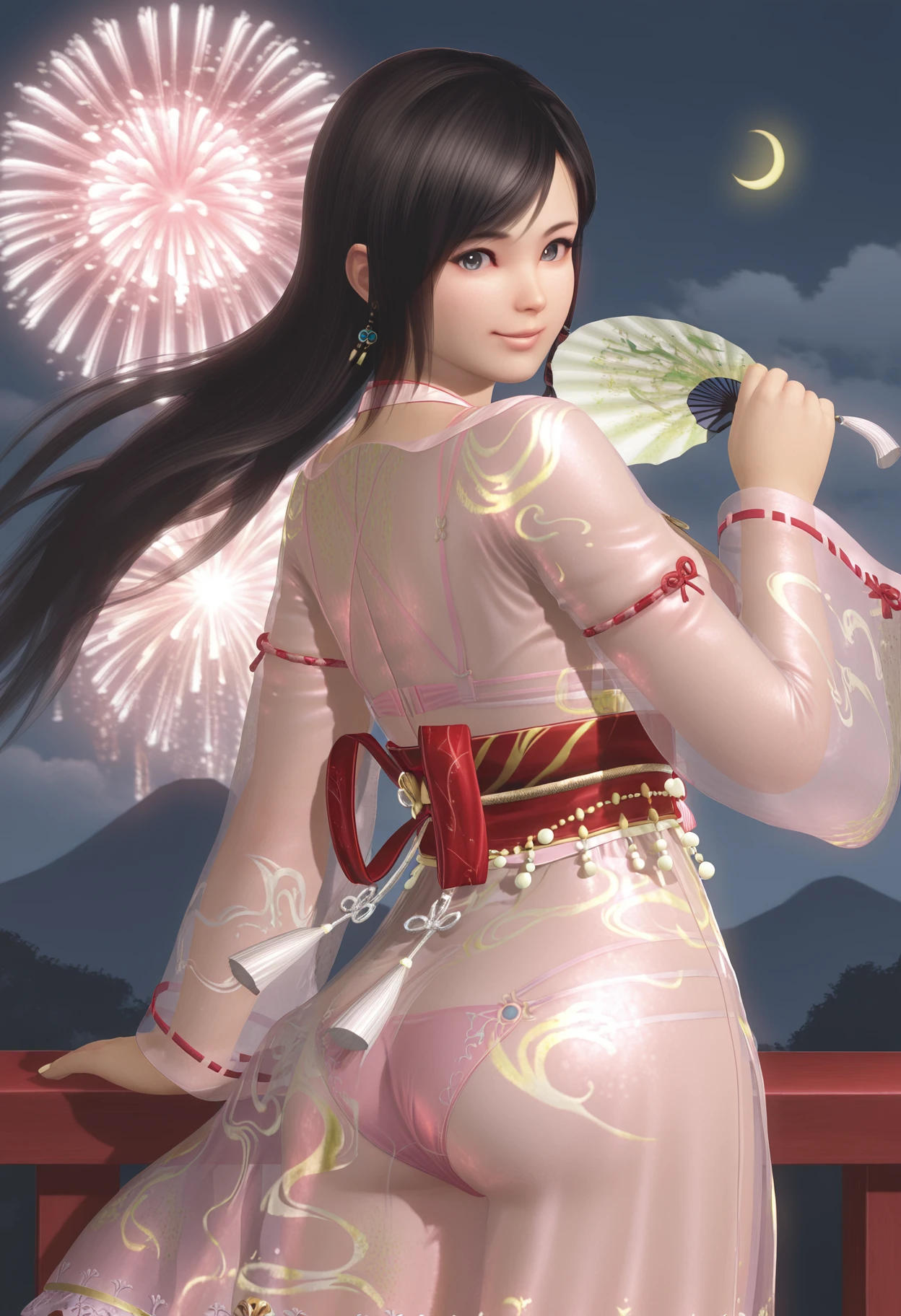 masterpiece,best quality,amazing quality,absurdres,aesthetic,newest,realistic, kokoro \(doaxvv\), 1girl, solo, holding paper fan,looking back at viewer, grey eyes,smile,pink lips, black hair, long hair, swept bangs, side-tied hair, brown hair tube, pink see-through kimono, bra visible through clothes, long sleeves, wide sleeves, see-through sleeves, ribbon-trimmed sleeves, red knot armlet, red obi, silver obijime, waist bead, white knot tassel, red back bow, pink string panties, panty visable through clothes, fingers, white nails, cowboy shot, from behind,form side, wind,outdoors,cloud,crescent, nocturnal, night scene, moonlit, ethereal, serene, tranquil, mysterious, magical, whimsical, fantasy art, Japanese aesthetic, Yamiyo, traditional ink wash painting, soft focus, dreamlike, luminous,fireworks, <lora:kokoro_longhair_MakeupSapone_il2_v10:0.9> <lora:kokoro_longhair_MakeupSapone_il2_v10:0.6>
