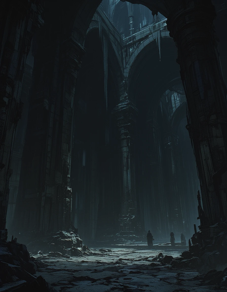 <lora:MW_Dwarven_p1flux:1> mwd01d, dark dwarven underground massive hall, wide stone columns, pathway in the shadows, deep underground, pitch black,