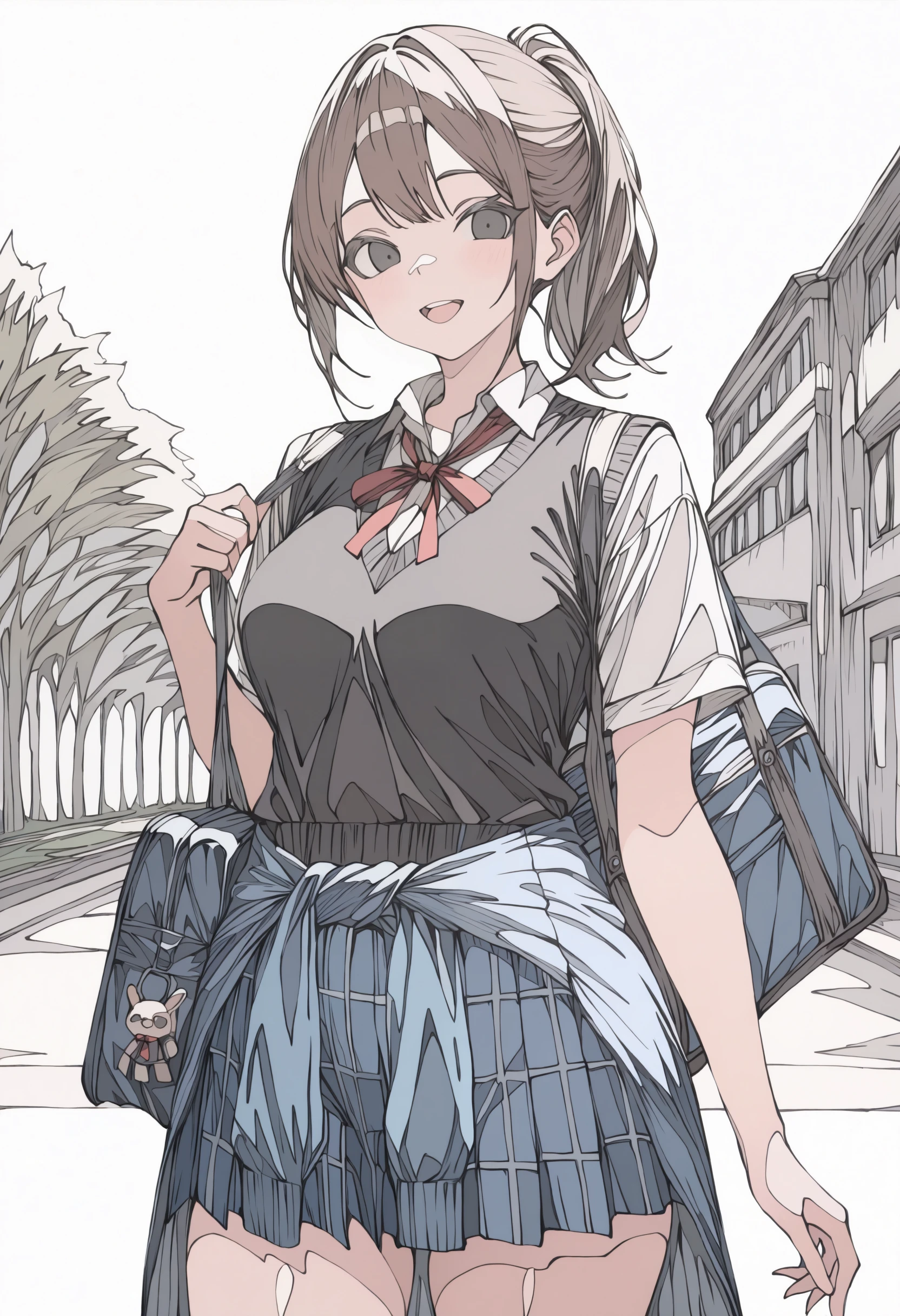 <lora:haruxxxsanekaki-illustriousXL_v01_V3-CAME-000032>, 1girl, solo, ligne claire, clothes around waist, shirt, parted lips, dress shirt, looking at viewer, collared shirt, red ribbon, :d, smile, black sweater vest, plaid clothes, upper teeth only, outdoors, cowboy shot, teeth, school uniform, shoulder bag, medium hair, holding strap, skirt, neck ribbon, breast pocket, bag charm, bag, plaid skirt, ribbon, white shirt, ponytail, blue bag, blue skirt, white background, jacket, sweater vest, blue jacket, school bag, pocket, charm \(object\), miniskirt, jacket around waist, brown hair, pleated skirt, short sleeves, black eyes,