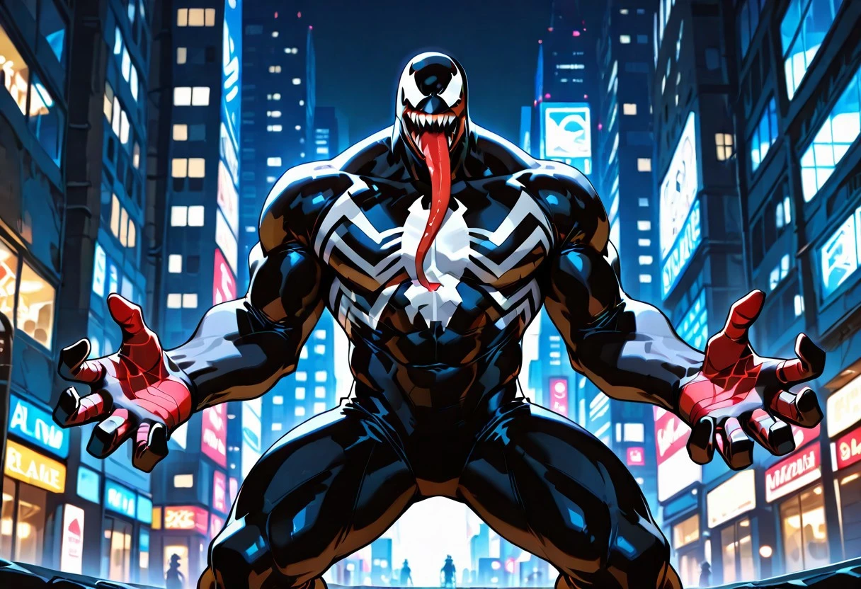ultimatevenom/(marvel)/IL, , blacksuit, mouth, spiderprint, muscular, 1boy, solo, sharp teeth, monsterboy, long tongue,
front view, 
masterpiece, best quality, amazing quality, very aesthetic, highres, absurdres
night, city,
4k, best quality, highly detailed, lights details, high resolution, high quality, perfect quality, vivid color, vibrant, highly detailed,
