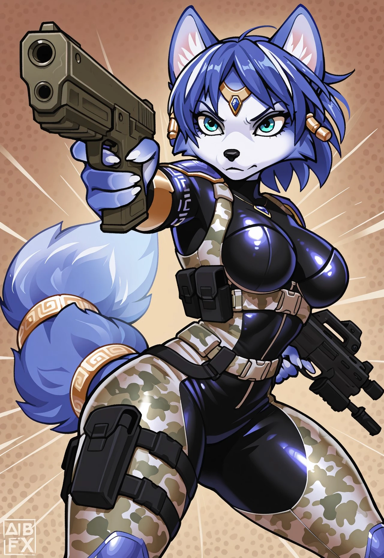 1girl, fox furry, High resolution, High quality, Ultra-detailed, , Beautyful patterns,,, dynamic pose, foreshortening, extreme perspective, ,stance, , patterns, bodysuit, boobs, tail ring, thicc thighs,stance, attacking ,cowboy shot , camo, tactical harness,tail ring, holding gun , blue fur, blue hair, Krystal from StarFox, teal eyes, armor, Krystal McCloud