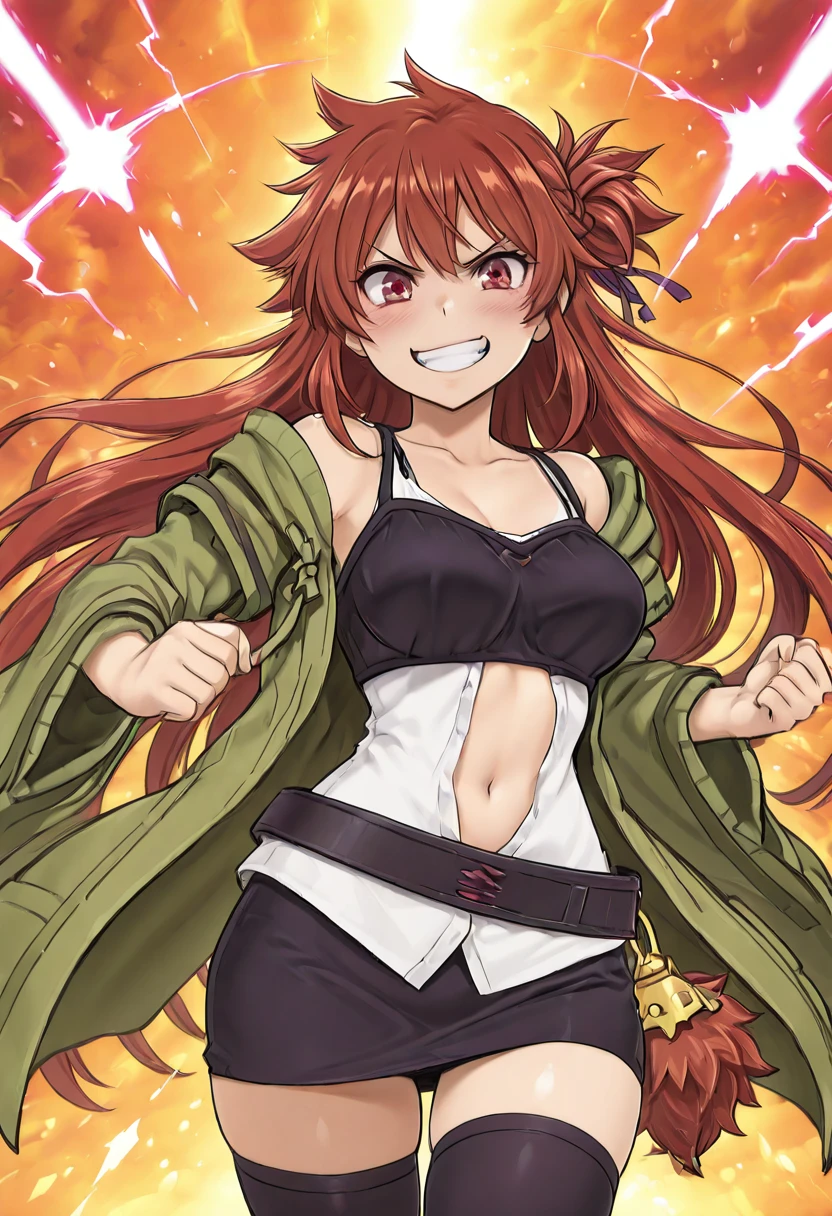 masterpiece, best quality, solo, curvy, beautiful eyes, narrow waist, wide hips, 1girl, solo, smile, looking at viewer, aged up, large breasts, zzHiita, red eyes, red hair, long hair, white shirt, open clothes, spaghetti strap, navel, thighhighs, wide sleeves, black skirt, belt, <lora:HiitaYugioh_IXL:1.0>, , solo, looking at viewer, angry, hyp3rb34m, beam, <lora:HyperBeam_IXL_v1:1.0>,
