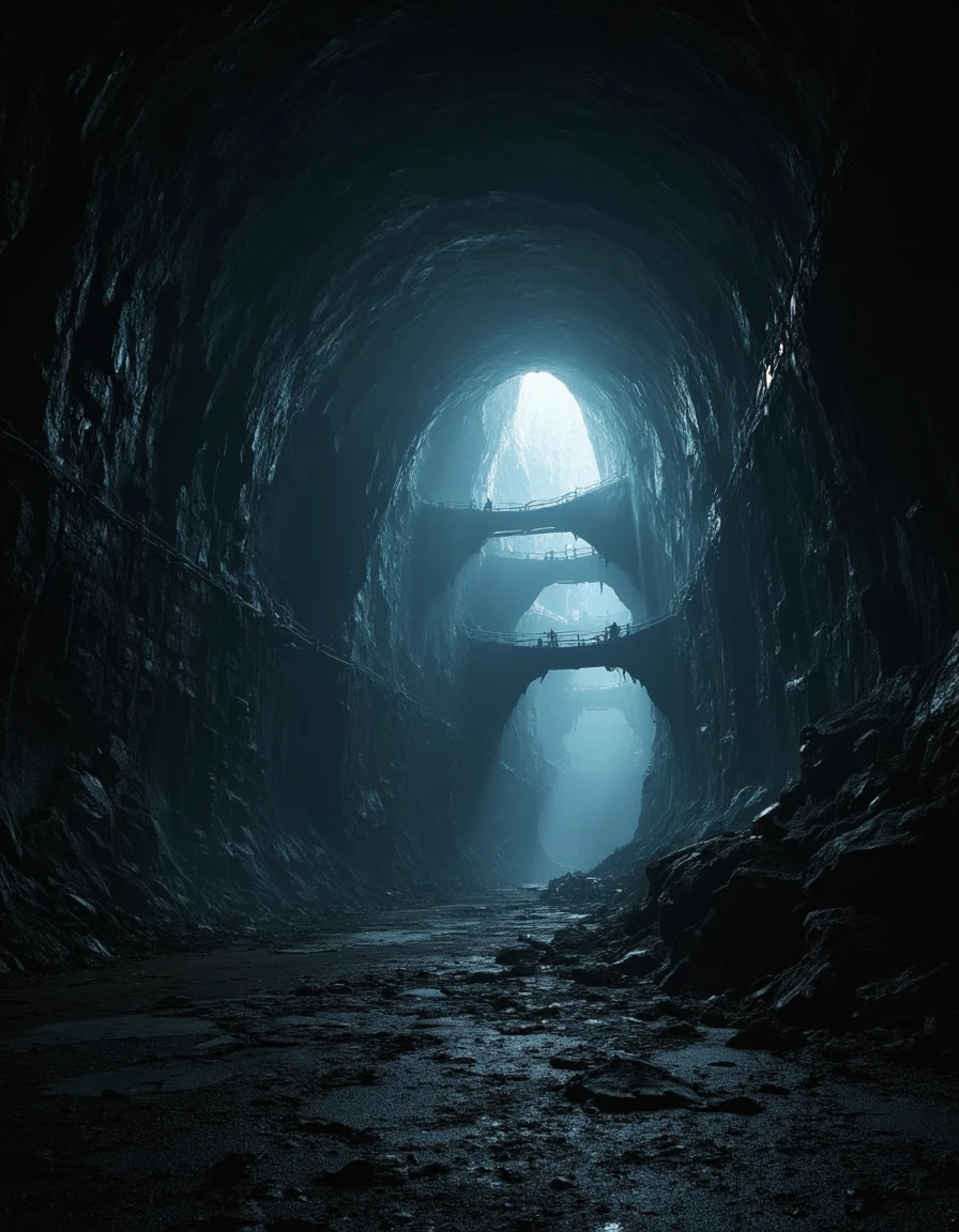 <lora:MW_Dwarven_p1flux:1> MWD01D, crumbled ground, lost forgotten ambiance, E07, black, old bridges, low angle view, futurist, dusty, uneven rock ceiling, faint blue light seeping from cracks in the cavern ceiling, old bridges over an endless foggy precipice, insanely detailed
