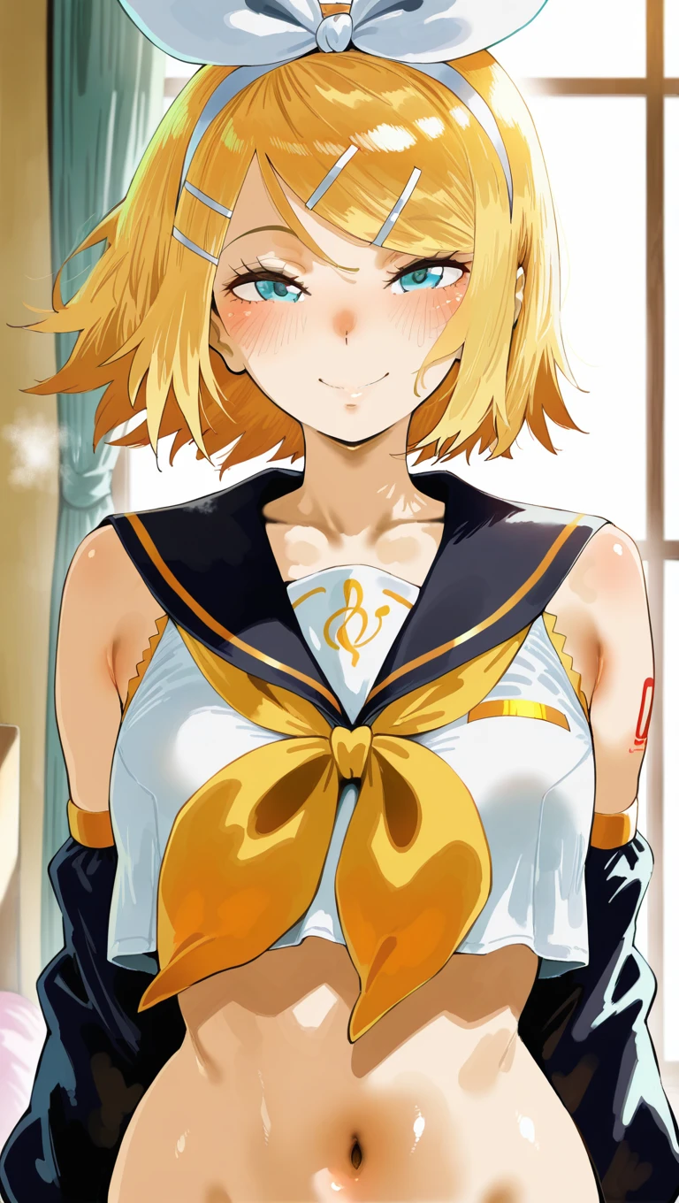 (masterpiece),best quality,amazing quality,very aesthetic,absurdres,newest,perfect body,shiny skin,perfect eyes,detail1eye,well-defined fingers,well-defined fingernails,anime style,indoors,1girl,solo,upper body,(portrait:1.5),looking at viewer,facing viewer,smile,blush,Hero Neisan style,kagamine rin,short hair,blonde hair,floating hair,white hairband,hair bow,white bow,hairclip,swept bangs,blue eyes,collarbone,bare shoulders,black sailor collar,white shirt,sleeveless shirt,crop top,midriff,yellow neckerchief,black sleeves,detached sleeves,medium breasts,navel,stomach,<lora:Kagamine Rin(voc)-Illus-Remake:1.6>,<lora:Hero Neisan[style]-Illus:1.8>,