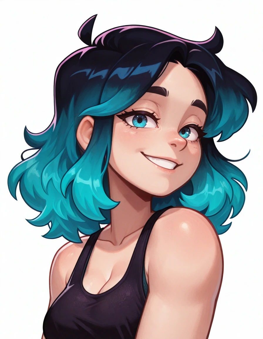 1girl, Ra3lyn,
<lora:OC_Rae_Character_LoRA:1>
<lora:Silver_Lyon004_Style_LoRA:1> s1lv3rly0n, 
solo, tank top, bra strap, gradient hair, face, close up, dark clothes, looking at viewer, heavily stylized, drama layer, amazing quality, close up, neon palette, dynamic, portrait shot, lazypos, cleavage, smile, side view, sunny, white background