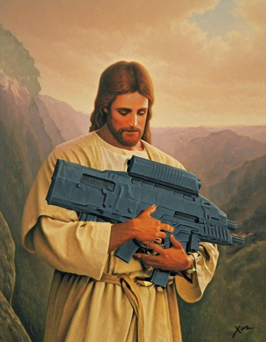 xm29, assault riffle, holding weapon, jesus, looking down