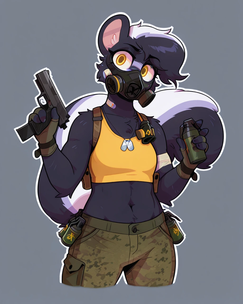 masterpiece,best quality,amazing quality, half-length portrait,  skunk, furry female, female, furry, yellow eyes, fingerless gloves, dog tags, bandage on face,  yellow sports bra, grenade, midriff, pants, tail, looking at viewer, holding gun, handgun,   gas mask, head tilt, simple background, white outline,  <lora:Cobalt_Snow_Ill:0.6> <lora:The-Minuscule-Task_Style_Lora_Illustrious:0.4> <lora:goopystem_ILL:0.5>  <lora:Jane_WirelessShiba_ILLU:1>