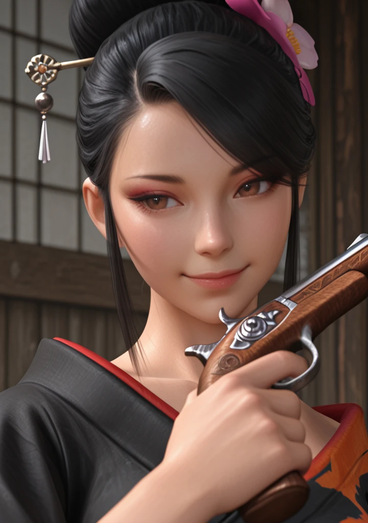 masterpiece, best quality, amazing quality, very aesthetic, high resolution, ultra-detailed, absurdres, newest, scenery, 3D, rendered, BREAK, depth of field, volumetric lighting,realistic,
1girl, japanese, nohime, black hair, hair ornament, single hair bun, hair flower, hair bun, hair stick,face focus, brown eyes, japanese clothes, kimono, black kimono, obi, sash, close-up, smile, gun, holding, handgun, antique firearm