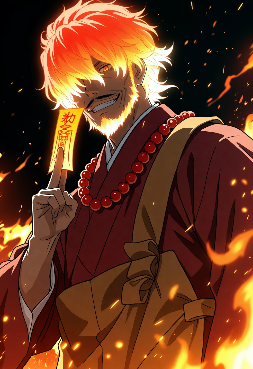 masterpiece,best quality,
(anime screencap:0.6),
1boy,(manly:0.7),
m1y4j1,glowing hair,orange eyes,hair over one eye,mustache,beard,short hair,
grin,holding,ofuda,
embers,fire,wind,
red kimono,kesa,prayer beads,waraji,mudra,monk,
(dutch angle:1.1),dynamic angle.,
depth of field,atmospheric perspective,black background,
<lora:miyachi_iwao_NAI_EPS_1_1_CAME_v1_rev3:1>,âââ