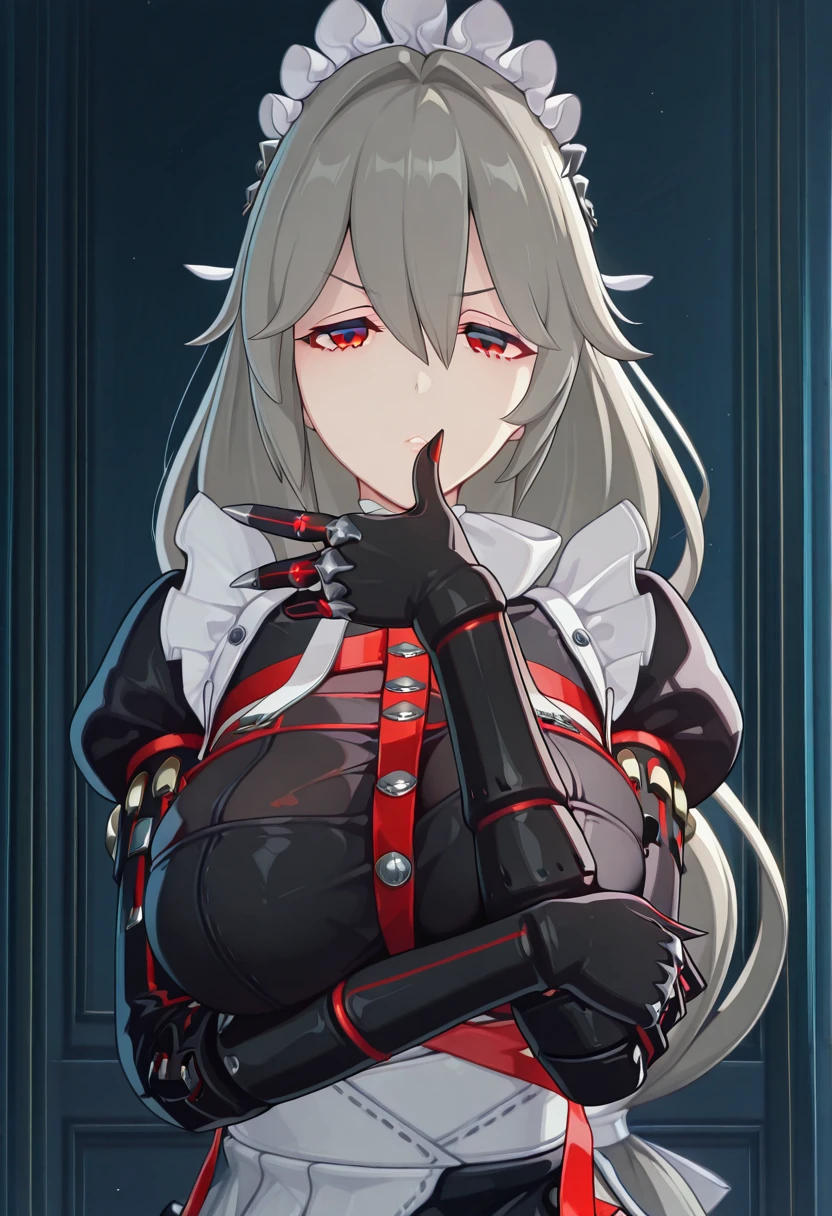 masterpiece, best quality, amazing quality,, <lora:zzz-alexandrina-sebastiane-ingame-illustriousxl-lora-nochekaiser:1>, alexandrina sebastiane, grey hair, long hair, low-tied long hair, very long hair, red eyes, hair between eyes, mature female, large breasts, 3d, <lora:gotoubunnohanayome-vol7-illustriousxl-lora-nochekaiser:1>, gotoubunnohanayome vol7, solo, looking at viewer, upper body, parted lips, hand up, grabbing own arm, thumb on own lips, annoyed,, , ,