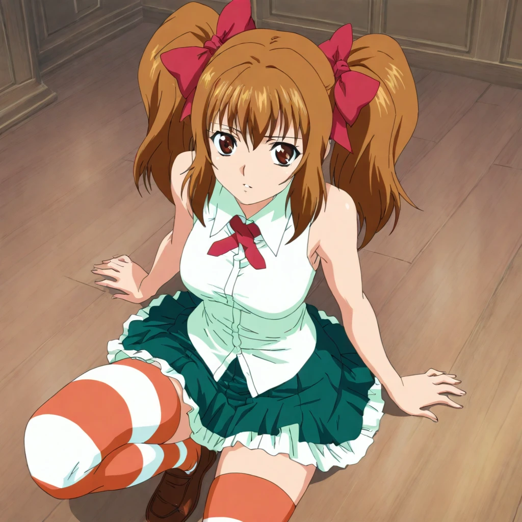 masterpiece,high score,great score,absurdres,anime coloring,looking at viewer,solo,<lora:SayakaYukimura hassakuill30:1> sayakayukimura, brown hair, twintails, hair bow, brown eyes,sleeveless shirt,ribbon,green skirt,striped thighhighs,