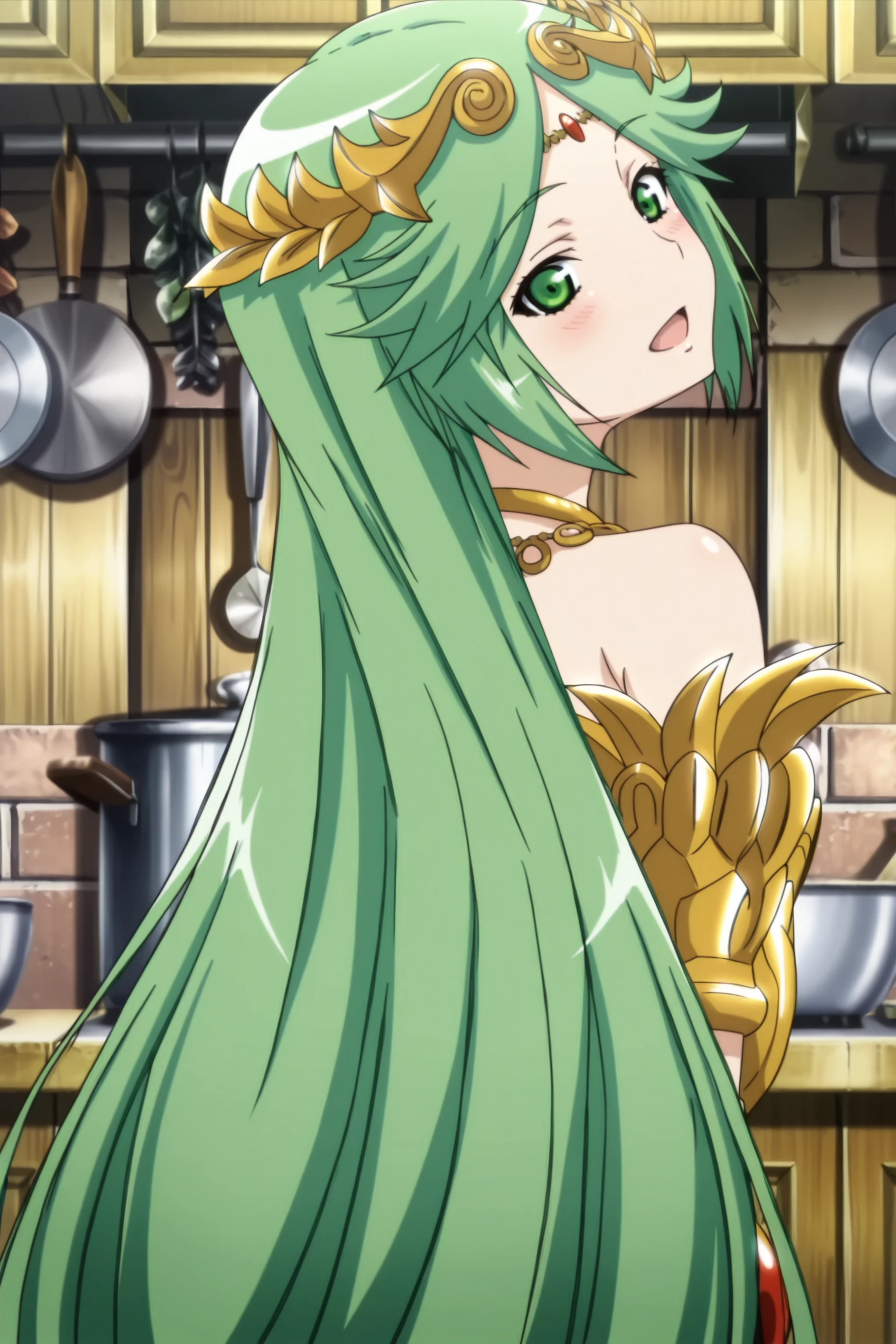 anime screencap, anime coloring, detailed face, masterpiece, best quality,
<lora:Palutena_Kid_Icarus_SHAFT_Animation_Studio_style:1>
p41u73n44,
in a kitchen, 1girl, green hair, green eyes, long hair, solo, jewelry, smile, open mouth, blush, tiara, looking back, bare shoulders, looking at viewer, necklace, cowboy shot <lora:shaft-look-illustriousxl-lora-nochekaiser:1>, shaft look, looking back, from behind, head tilt, cowboy shot, smile
