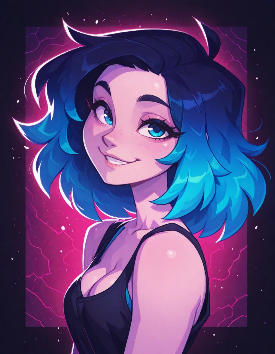 1girl, Ra3lyn,
<lora:OC_Rae_Character_LoRA:1>
<lora:Cubesona_Style_LoRA:1> cub3s0n4, 
solo, tank top, bra strap, gradient hair, face, close up, dark clothes, looking at viewer, heavily stylized, drama layer, amazing quality, close up, neon palette, dynamic, portrait shot, lazypos, cleavage, smile, side view,