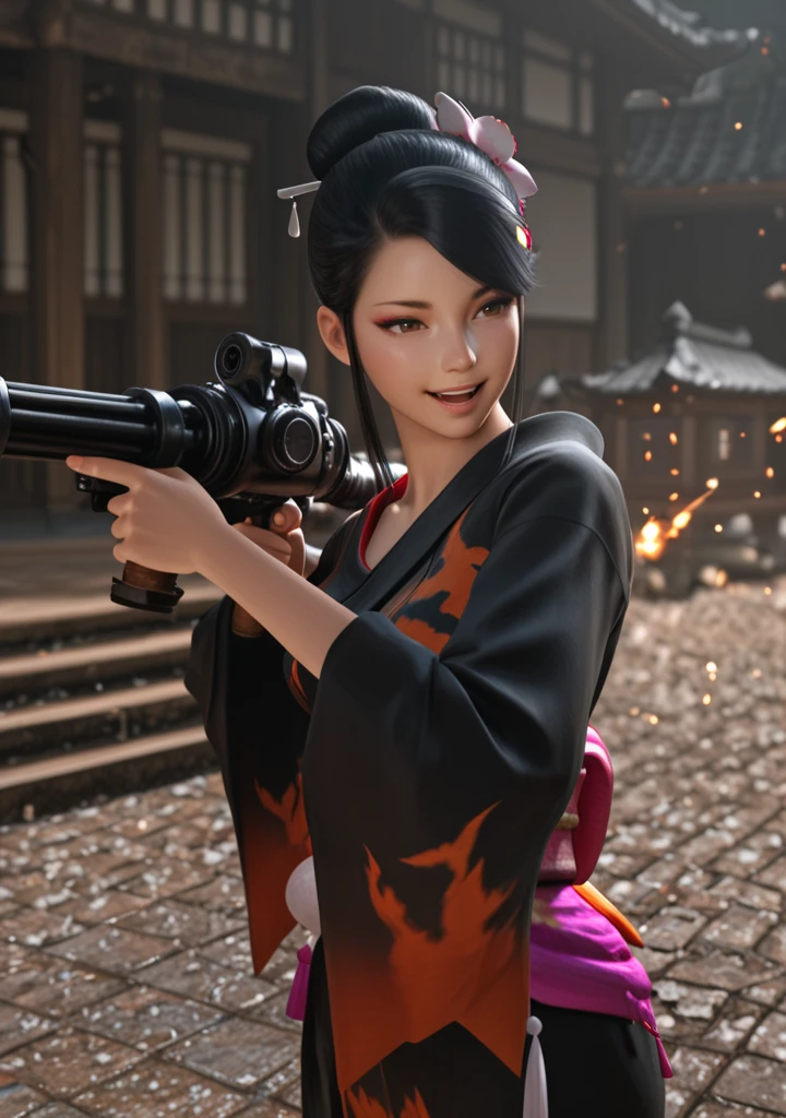 masterpiece, best quality, amazing quality, very aesthetic, high resolution, ultra-detailed, absurdres, newest, scenery, 3D, rendered, BREAK, depth of field, volumetric lighting,realistic,
1girl, japanese, nohime, black hair, hair ornament, single hair bun, hair flower, hair bun, hair stick,face focus, brown eyes, japanese clothes, kimono, black kimono, obi, sash, gatling gun, holding gatling gun, firing gun, aiming gun, shooting pose, smile, open mouth, japanese soldiers, sengoku