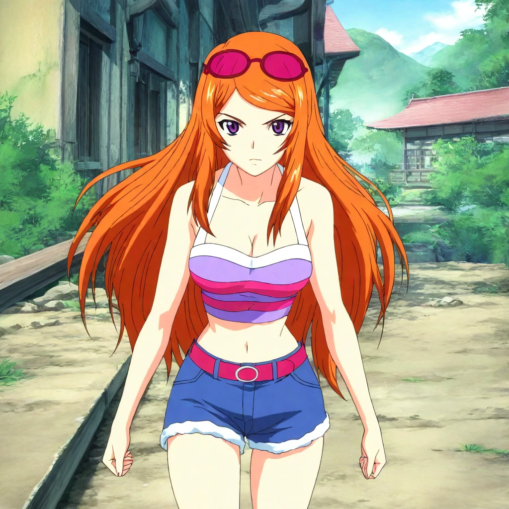 masterpiece,high score,great score,absurdres,anime coloring,anime screenshot,looking at viewer,solo,cowboy_shot,<lora:SakiShindou hassakuill30:1> sakishindou, orange hair, long hair, purple eyes, eyewear on head,crop top,cleavage,shorts,