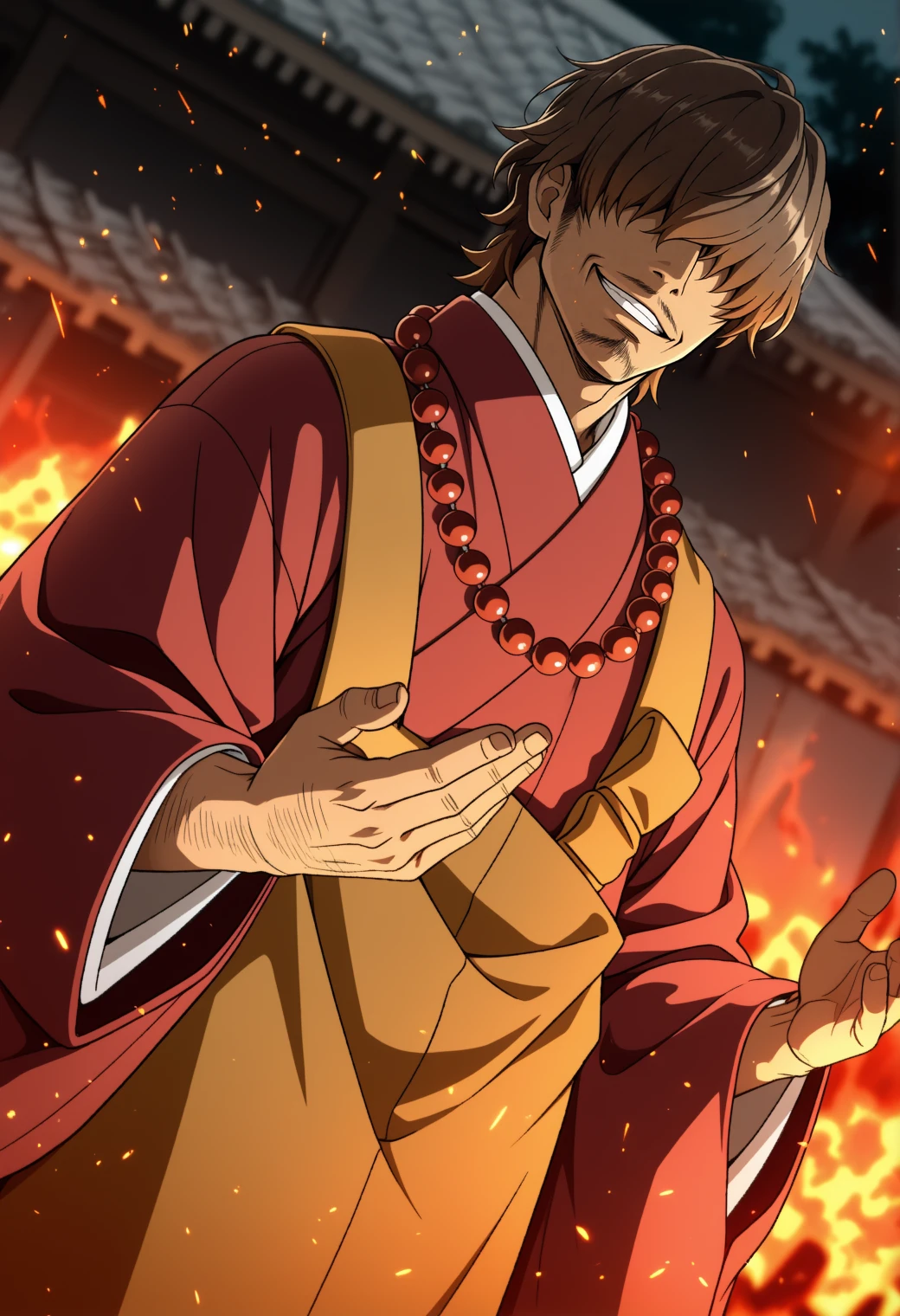 masterpiece,best quality,
(anime screencap:0.6),
1boy,(manly:0.7),
m1y4j1,brown hair,(hair over eyes:0.7),mustache stubble,goatee stubble,
grin,
embers,fire,
red kimono,kesa,prayer beads,waraji,mudra,monk,
(dutch angle:1.1),dynamic angle.,
depth of field,blurry background,atmospheric perspective,blurry background,
<lora:miyachi_iwao_NAI_EPS_1_1_CAME_v1_rev3:1>,âââ