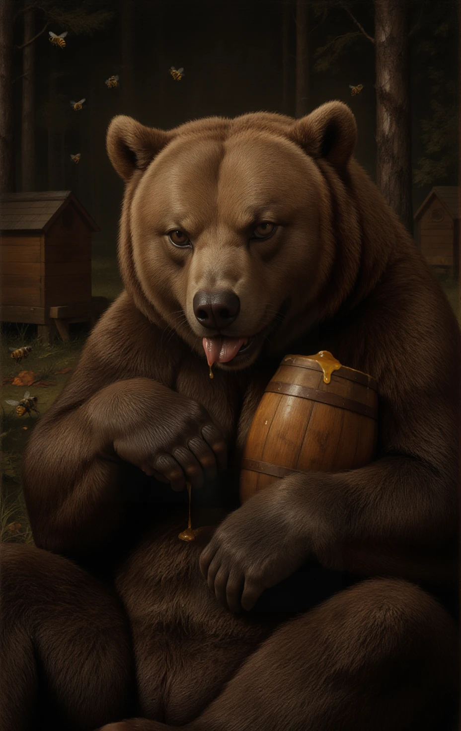 Rembrandt van Rijn style UHD, 8K, ultra detailed, a cinematic photograph of cinematic still photorealistic Realistic portrait of a large, gentle brown bear with kind, sleepy eyes and a perpetually sticky paw from honey. Heâs holding a small wooden honey barrel under one arm, licking his lips contentedly. Slight crumbs on his fur. Background: cozy forest glade with beehives in soft focus. Style: warm, golden-hour lighting, rich textures of fur and wood, cinematic realism. Emphasize his comforting, slow-moving, big-hearted nature â a bear whoâs more snack than threat., 
--ar 3:4 --v 6, <lora:mishka:1> . highly detailed, lifelike, precise, accurate . emotional, harmonious, vignette, highly detailed, high budget, bokeh, cinemascope, moody, epic, gorgeous, film grain, grainy, beautiful lighting, great composition . Baroque, self-portrait, chiaroscuro, etching, "Rococo