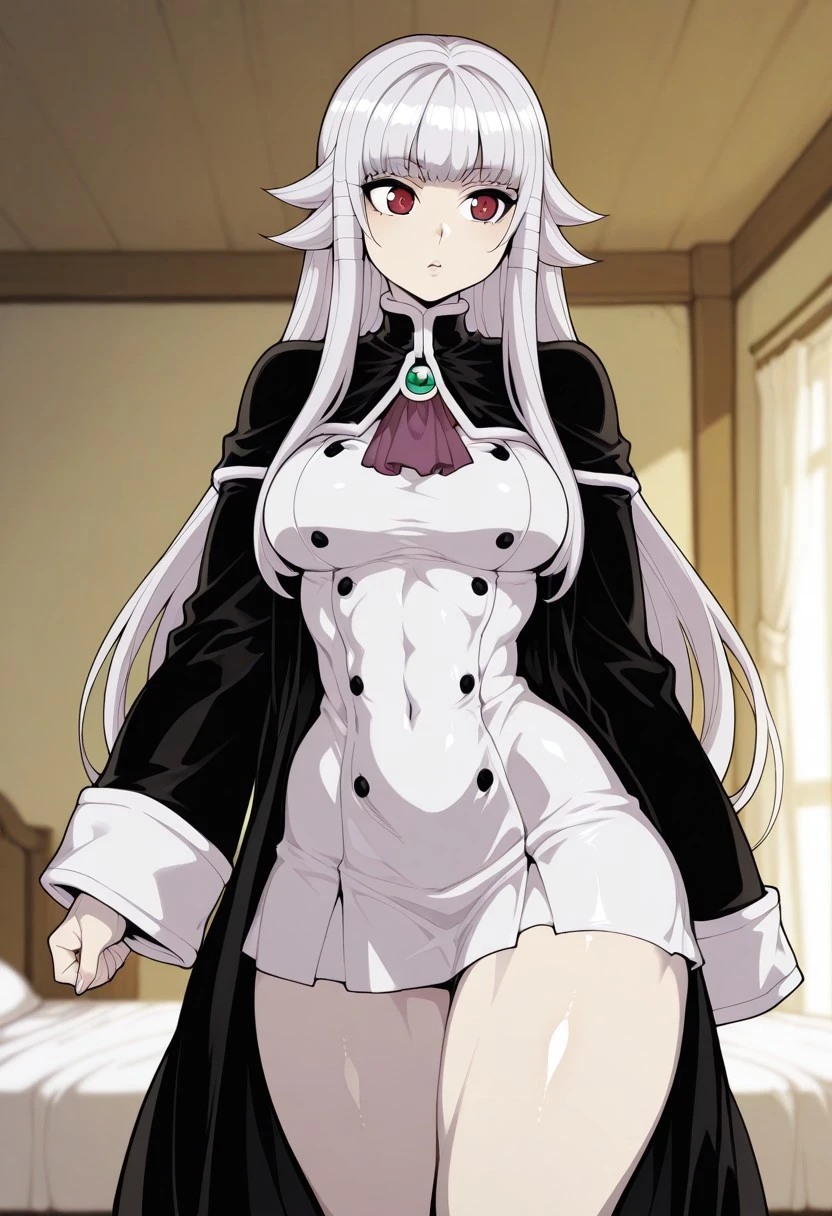 score_9, score_8_up, score_7_up, masterpiece, best quality, amazing quality, cinematic lighting, high definition, 1 girl, hirame, fishine, fishine:0.8, shardanic:0.6,
Anri Hazeworth, (/Yuusha ga Shinda!), red eyes,
cute eyes, expressive eyes, detailed eyes, eyesHD, high definition eyes, high gradient eyes, detailed face, light makeup, beautiful face, intricately detailed face, perfect face, 
pale skin, glossy skin, shiny skin, medium breasts, large hips, curvy, heavy breasts, heavy hip,  large butt, toned body, muscular body, wide hips, thin body, thin waist, narrow waist, thick legs,
Black robe, ascot, white dress, skirt, large sleeves, long sleeves, bellow finger sleeves, tighhihgs, skindentation,
standing,
1 girl, solo, detailed background, indoors, bedroom,