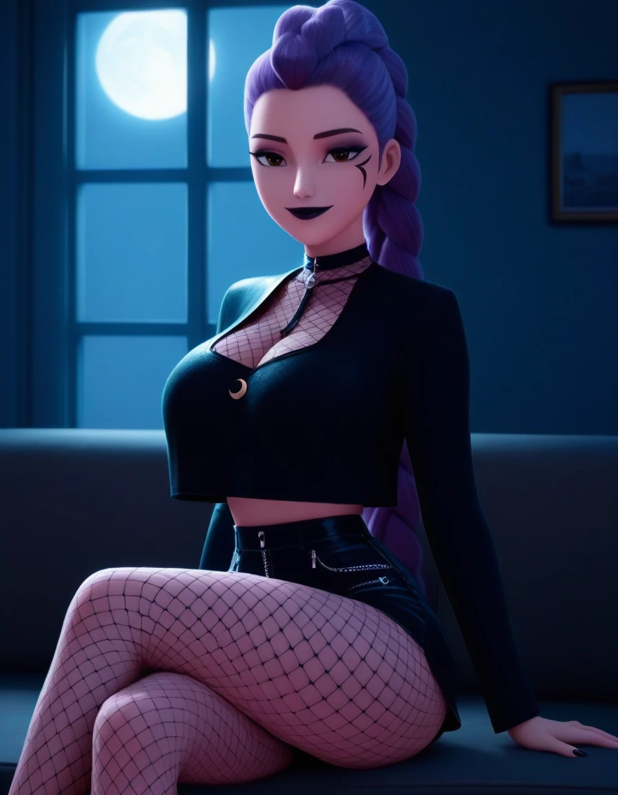 Rumi_XL, braid, braided ponytail, eyeshadow, brown eyes,1girl, black lips, lipstick, large breasts, big hips, curvy hips, thick thigs, fishnets, fishnet under shirt, long sleeves, top, crop top, crop top overhang, black crop top, cleavage, shorts, jean shorts, black jean shorts, pantyhose, sitting, crossed legs, smile, seductive smile, crescent, crescent mark, facial mark, room, living room, victorian room, sofa, dark theme, window, moon, full moon, anime coloring, back lighting, moon light, light from behind, <lora:Rumi_XL-15:0.9>