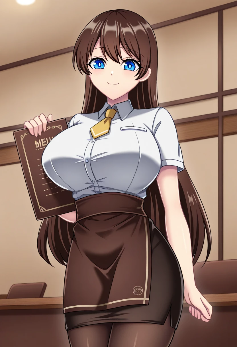 1girl, solo, hikarioparu, brown hair, long hair, blue eyes, bright pupils, white pupils, , waitress, grey collared shirt, short sleeves, yellow necktie, short necktie, black skirt, pencil skirt, brown waist apron, pantyhose, menu, holding menu, indoors, restaurant, hand up, smile, cowboy shot,