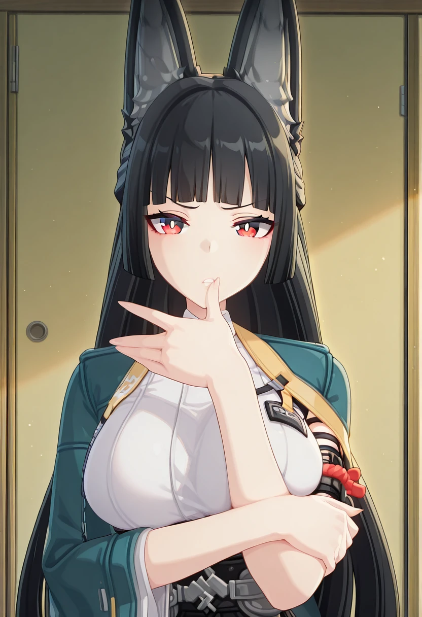 masterpiece, best quality, amazing quality,, <lora:zzz-miyabi-hoshimi-ingame-illustriousxl-lora-nochekaiser:1>, miyabi hoshimi, hoshimi miyabi, animal ear fluff, animal ears, black hair, bright pupils, fox ears, fox girl, half updo, long hair, red eyes, sidelocks, white pupils, mature female, large breasts, 3d, <lora:gotoubunnohanayome-vol7-illustriousxl-lora-nochekaiser:1>, gotoubunnohanayome vol7, solo, looking at viewer, upper body, parted lips, hand up, grabbing own arm, thumb on own lips, annoyed,, , ,
